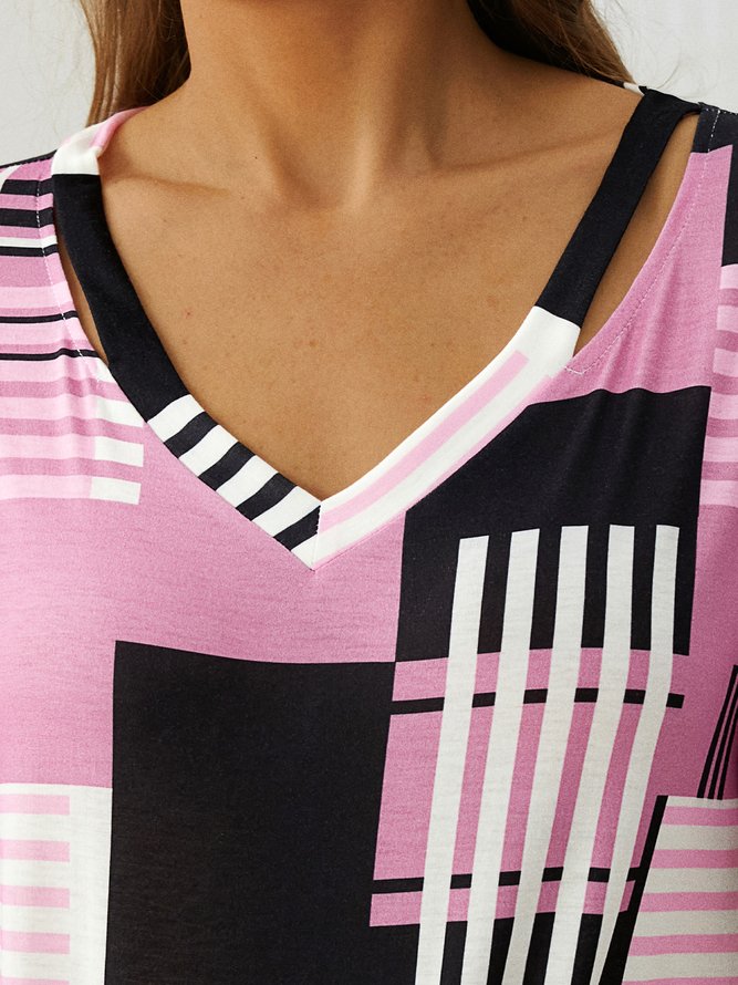 Casual Geometric Printed Loose V Neck T-Shirt
