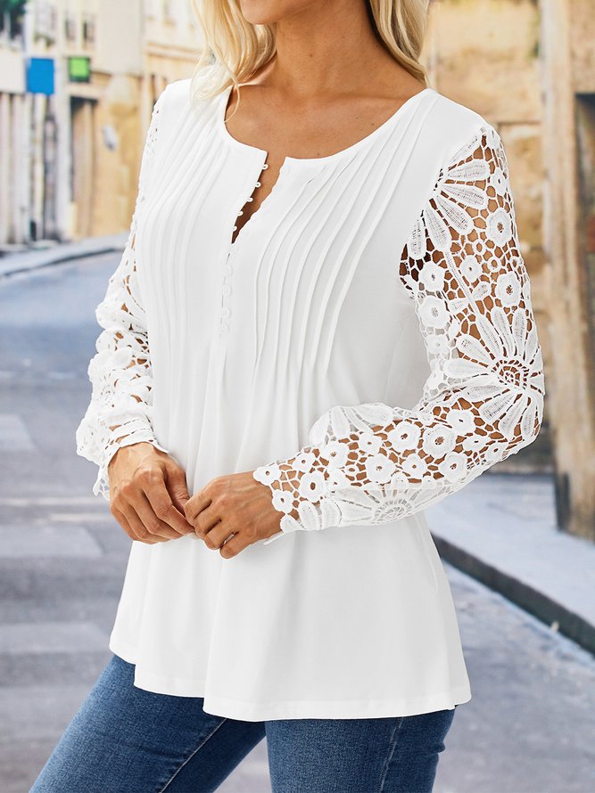 Plain Casual Patchwork lace Notched Tunic Top