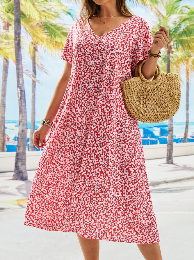 Plus Size V Neck Floral Vacation Loose Dress