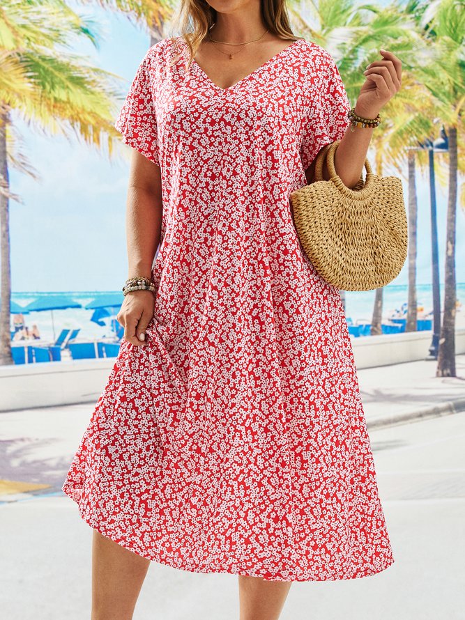 Plus Size V Neck Floral Vacation Loose Dress