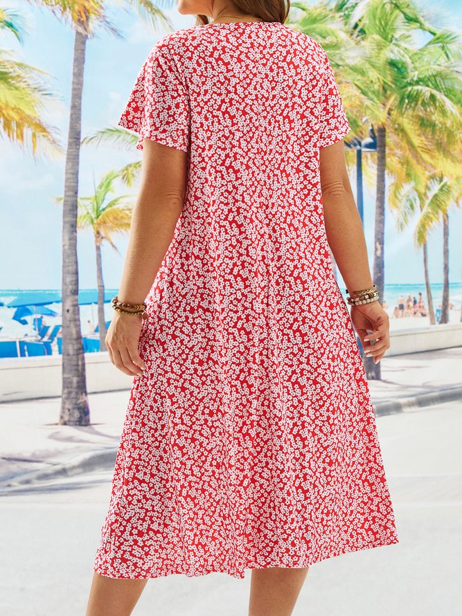 Plus Size V Neck Floral Vacation Loose Dress