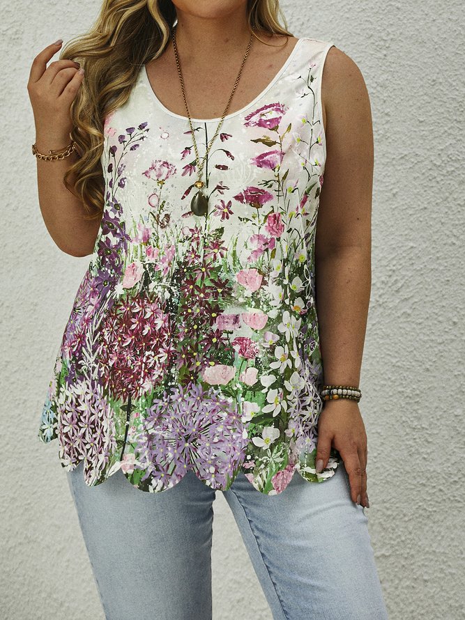 Plus Size Crew Neck Floral Loose Casual Tank Top