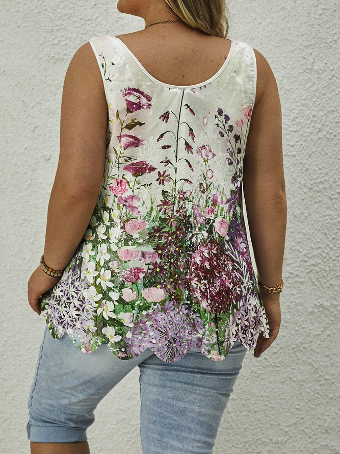 Plus Size Crew Neck Floral Loose Casual Tank Top