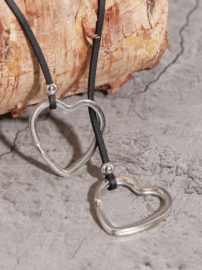Casual Leather Cord Silver Heart Pendant Necklace Western Style Vintage Ethnic Jewelry