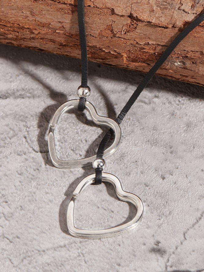 Casual Leather Cord Silver Heart Pendant Necklace Western Style Vintage Ethnic Jewelry