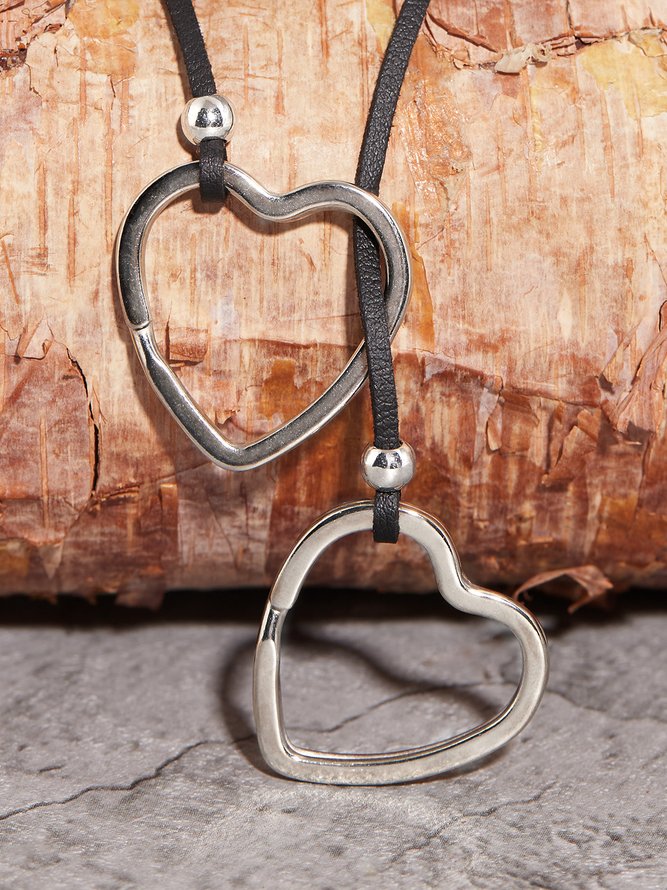 Casual Leather Cord Silver Heart Pendant Necklace Western Style Vintage Ethnic Jewelry