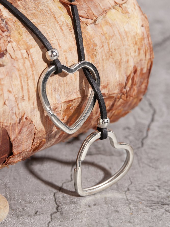 Casual Leather Cord Silver Heart Pendant Necklace Western Style Vintage Ethnic Jewelry