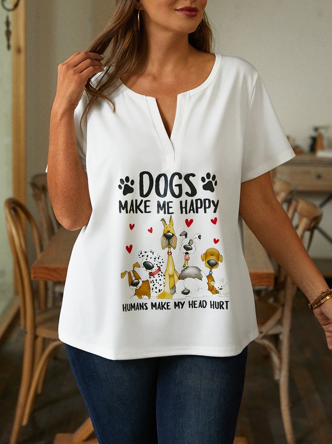 Plus Size Jersey Casual Half Open Collar Dog Pattern Shirt