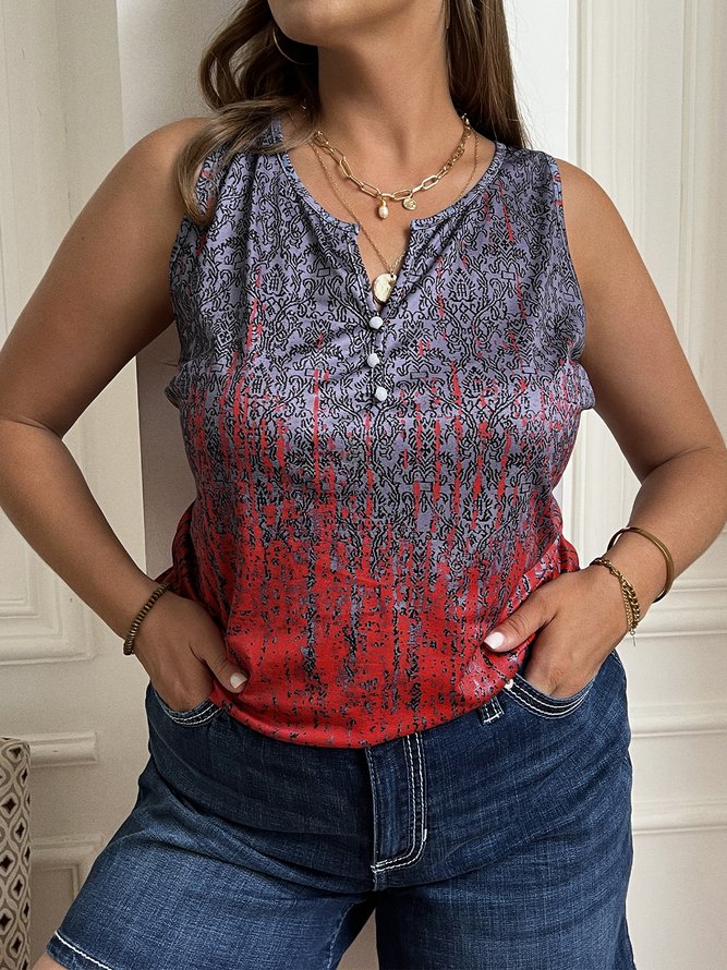 Plus Size Casual Ombre Jersey Half Open Collar Tank Top