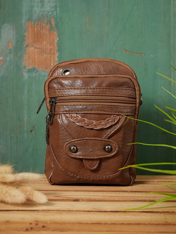 Antique Soft Leather Zip Multi Pocket One Shoulder Crossbody Bag