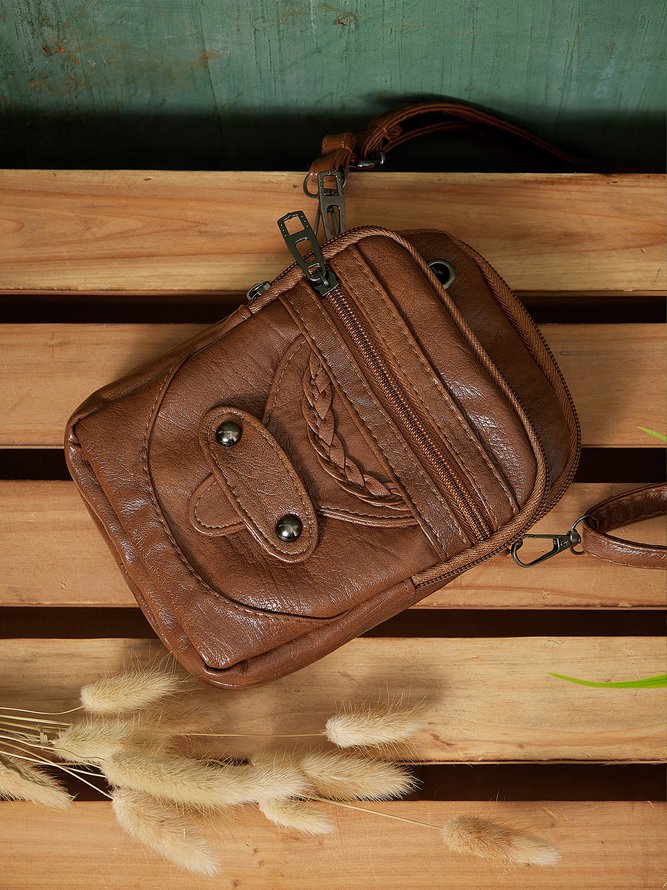 Antique Soft Leather Zip Multi Pocket One Shoulder Crossbody Bag