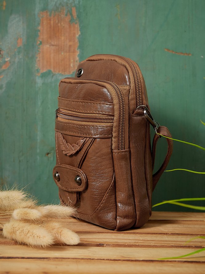 Antique Soft Leather Zip Multi Pocket One Shoulder Crossbody Bag