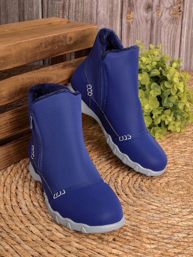 Faux Leather Panel Zip and Fleece Soft Ankle Ankle Boots