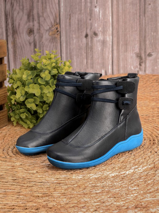 zolucky Vintage Women Casual Braided Strap Breathable Lether PU Flat Heel Classic Boots