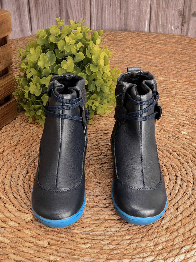 zolucky Vintage Women Casual Braided Strap Breathable Lether PU Flat Heel Classic Boots