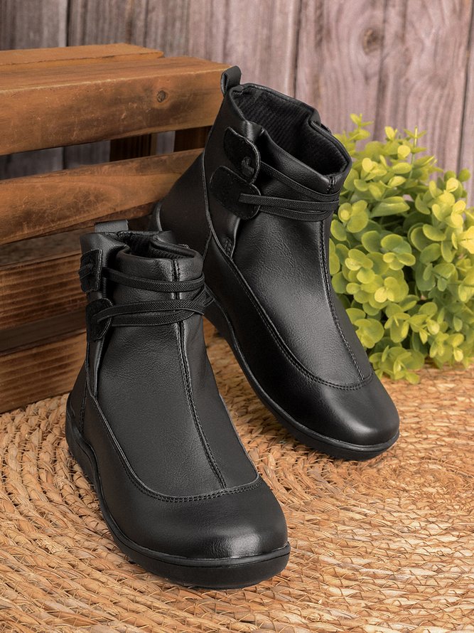 zolucky Vintage Women Casual Braided Strap Breathable Lether PU Flat Heel Classic Boots