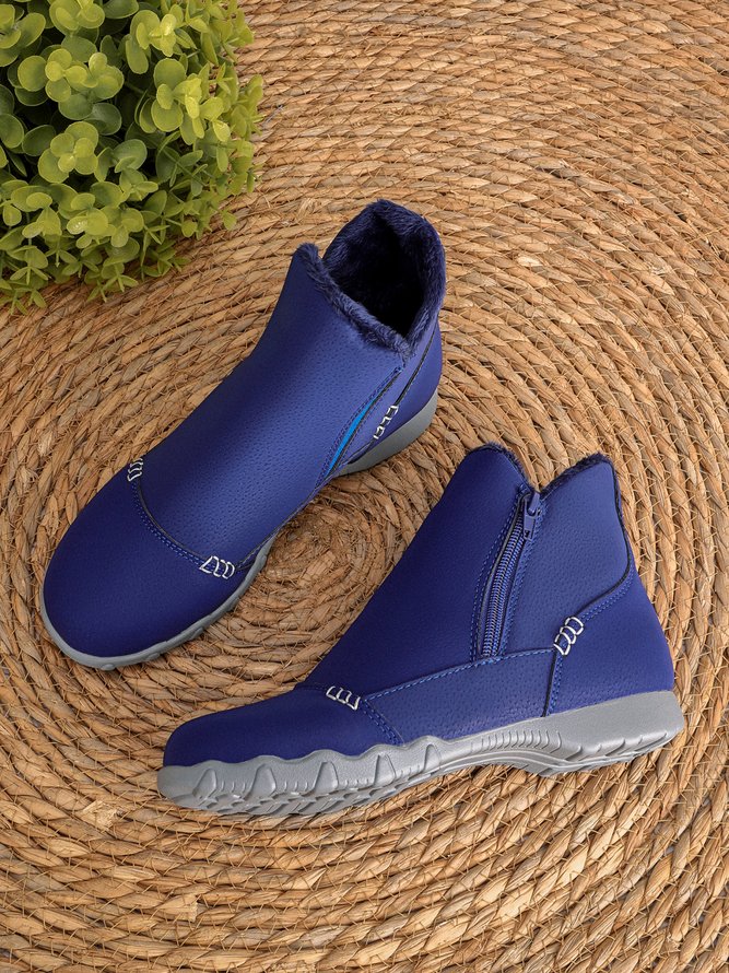 Faux Leather Panel Zip and Fleece Soft Ankle Ankle Boots