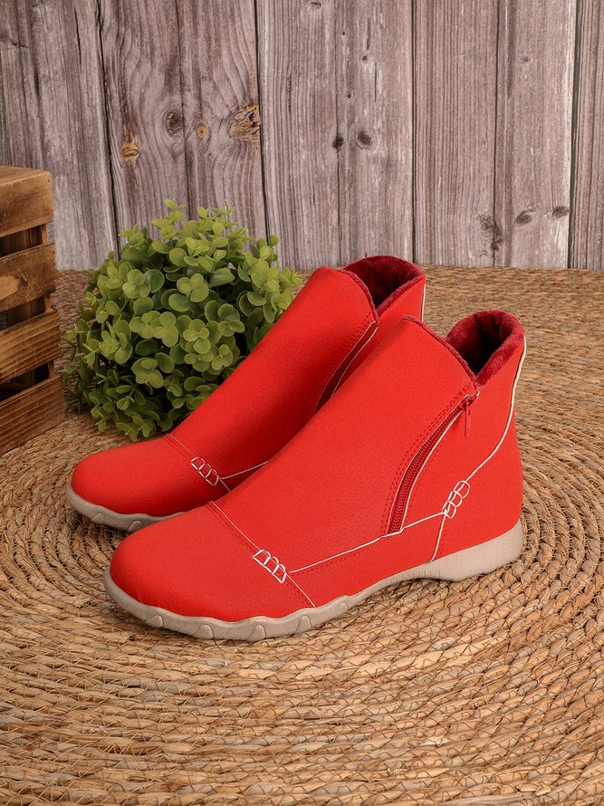 Faux Leather Panel Zip and Fleece Soft Ankle Ankle Boots