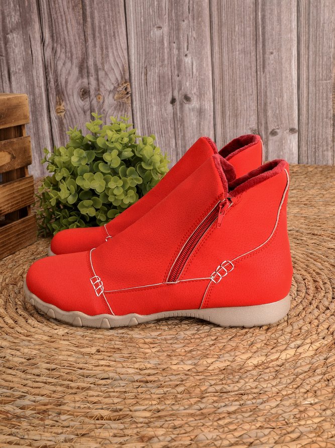 Faux Leather Panel Zip and Fleece Soft Ankle Ankle Boots