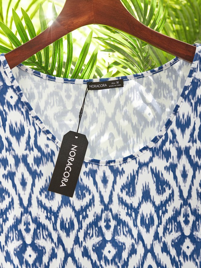 Boho Tribal Floral Geometric Casual Loosen Scoop Neckline Short Sleeve Midi Knit Dress