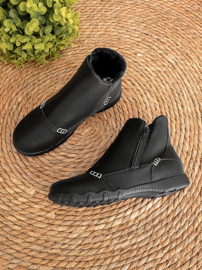 Faux Leather Panel Zip and Fleece Soft Ankle Ankle Boots