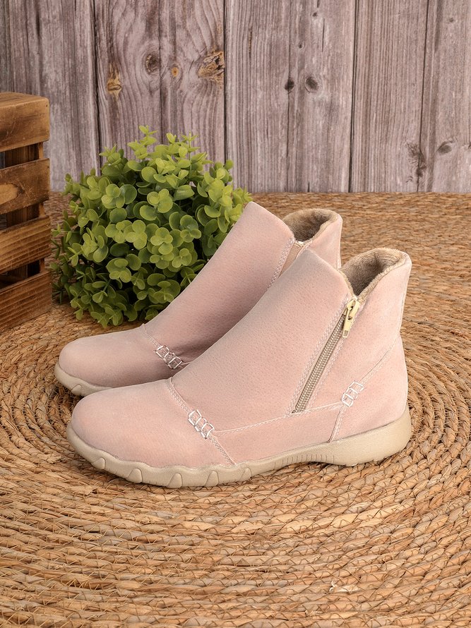 Faux Leather Panel Zip and Fleece Soft Ankle Ankle Boots
