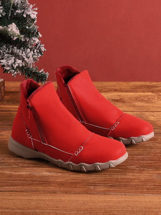 Faux Leather Panel Zip and Fleece Soft Ankle Ankle Boots