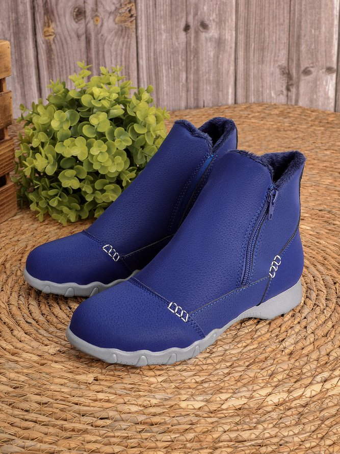 Faux Leather Panel Zip and Fleece Soft Ankle Ankle Boots