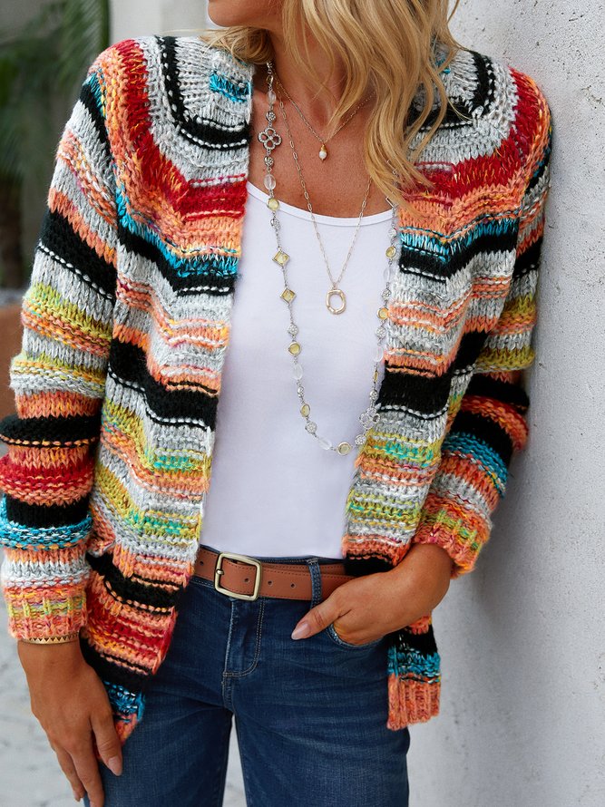 Womens Cardigan Color Block Striped Long Sleeve Open Front Casual Knit Sweater Holiday Coat Outwear