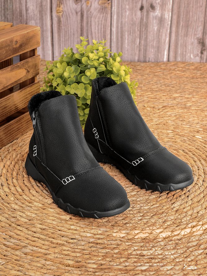 Faux Leather Panel Zip and Fleece Soft Ankle Ankle Boots