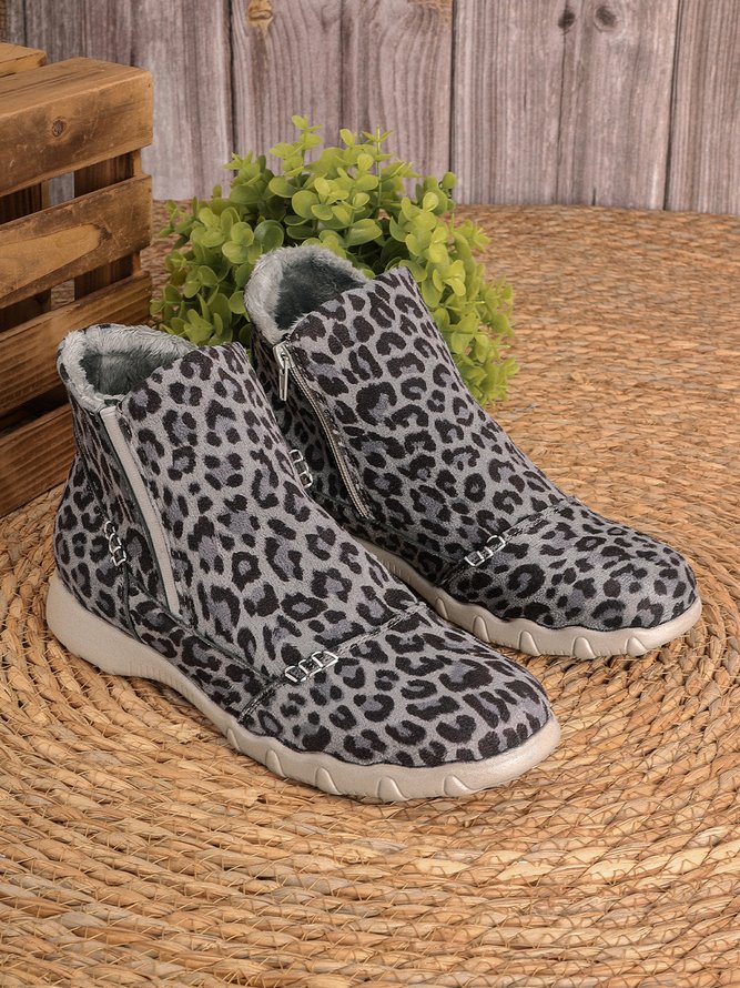 Faux Leather Panel Zip and Fleece Soft Ankle Ankle Boots