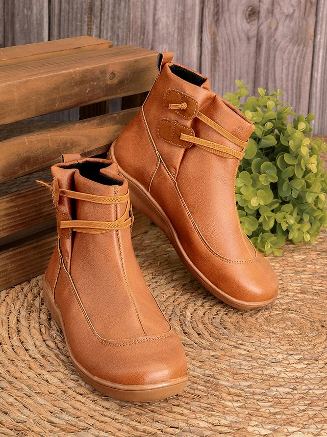 zolucky Vintage Women Casual Braided Strap Breathable Lether PU Flat Heel Classic Boots