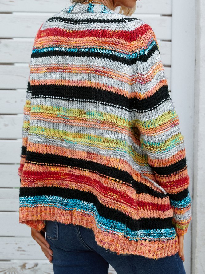 Womens Cardigan Color Block Striped Long Sleeve Open Front Casual Knit Sweater Holiday Coat Outwear