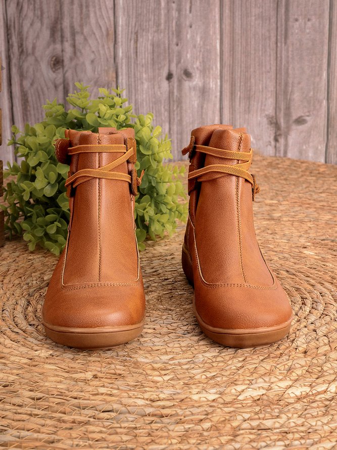 zolucky Vintage Women Casual Braided Strap Breathable Lether PU Flat Heel Classic Boots