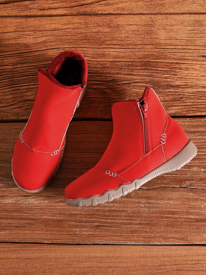 Faux Leather Panel Zip and Fleece Soft Ankle Ankle Boots