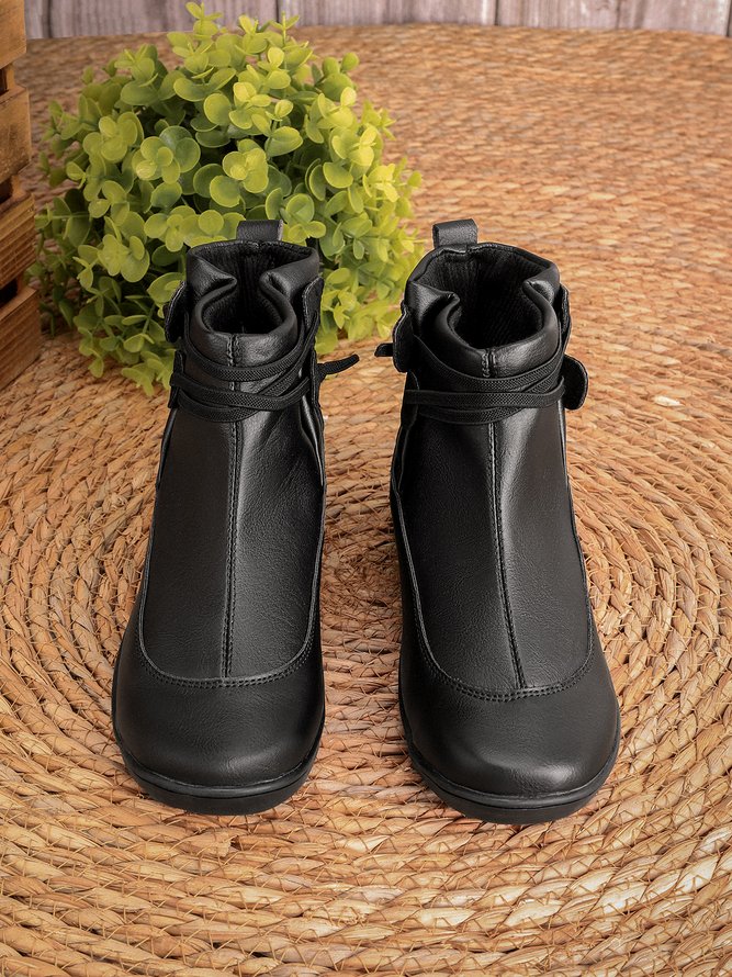 zolucky Vintage Women Casual Braided Strap Breathable Lether PU Flat Heel Classic Boots