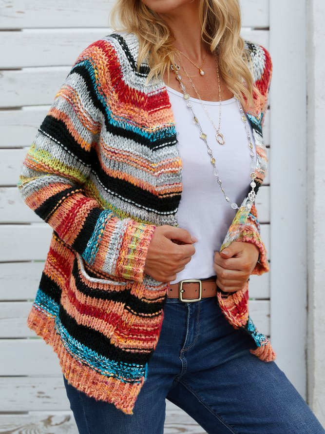 Womens Cardigan Color Block Striped Long Sleeve Open Front Casual Knit Sweater Holiday Coat Outwear