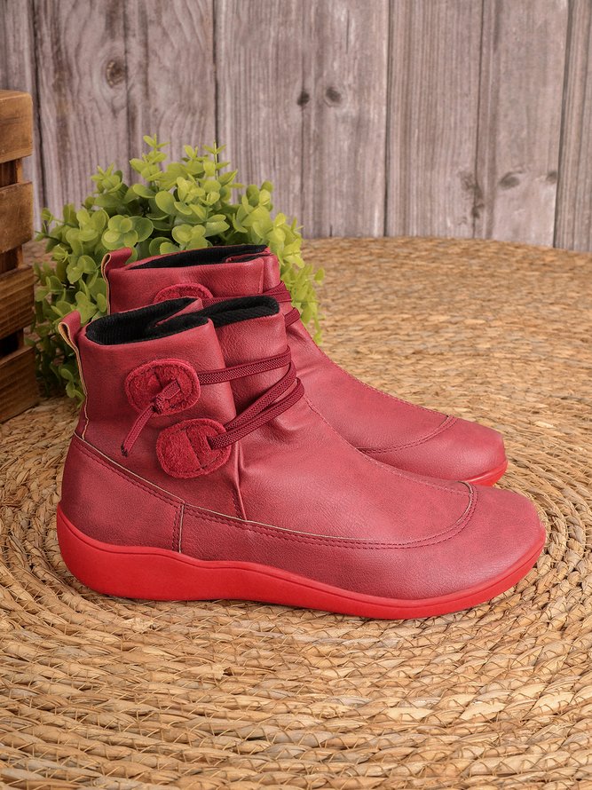 zolucky Vintage Women Casual Braided Strap Breathable Lether PU Flat Heel Classic Boots