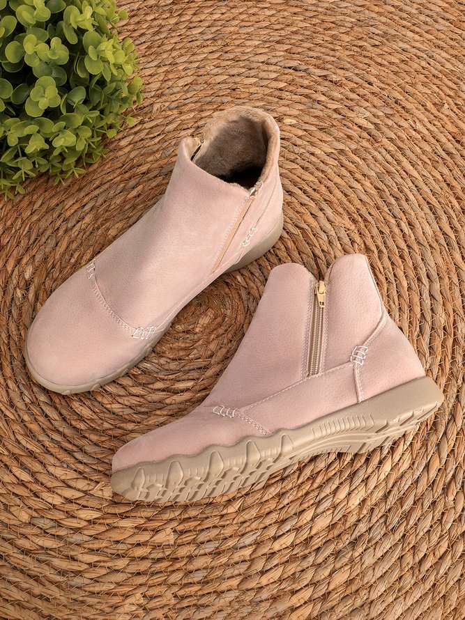 Faux Leather Panel Zip and Fleece Soft Ankle Ankle Boots