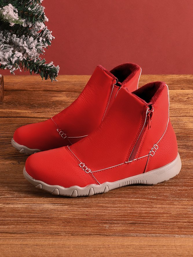 Faux Leather Panel Zip and Fleece Soft Ankle Ankle Boots