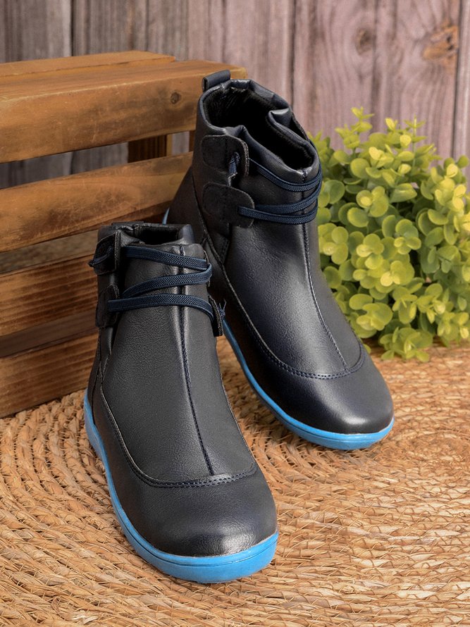 zolucky Vintage Women Casual Braided Strap Breathable Lether PU Flat Heel Classic Boots