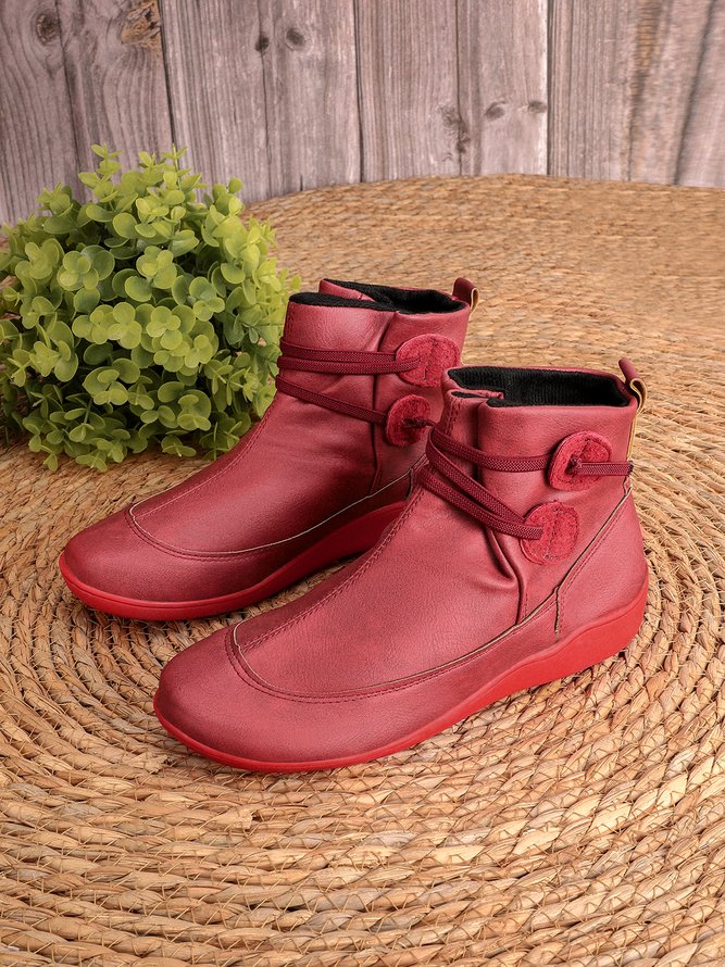 zolucky Vintage Women Casual Braided Strap Breathable Lether PU Flat Heel Classic Boots