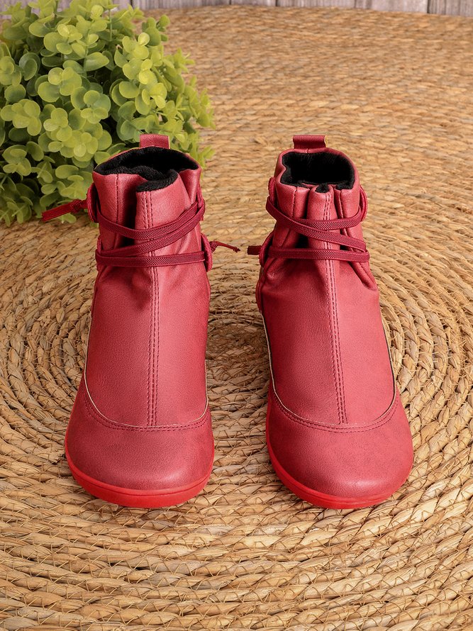 zolucky Vintage Women Casual Braided Strap Breathable Lether PU Flat Heel Classic Boots