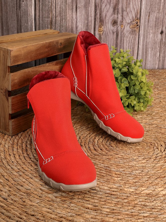 Faux Leather Panel Zip and Fleece Soft Ankle Ankle Boots