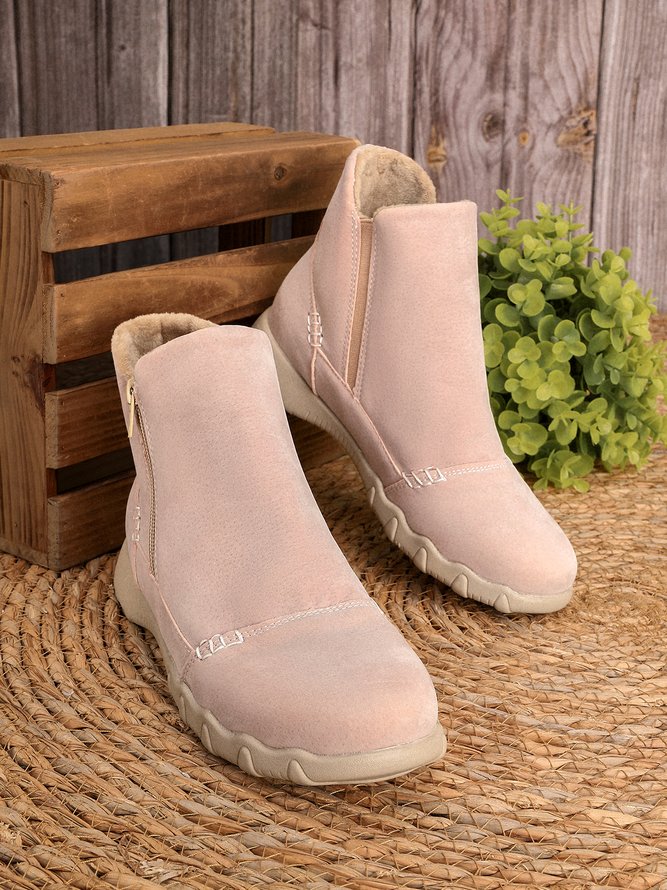 Faux Leather Panel Zip and Fleece Soft Ankle Ankle Boots