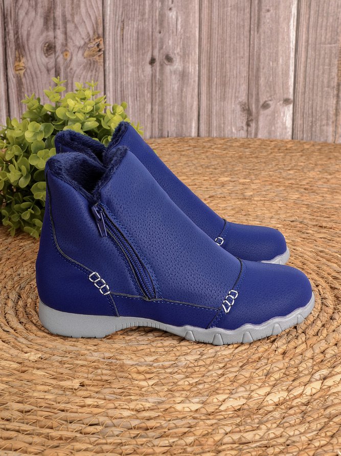 Faux Leather Panel Zip and Fleece Soft Ankle Ankle Boots