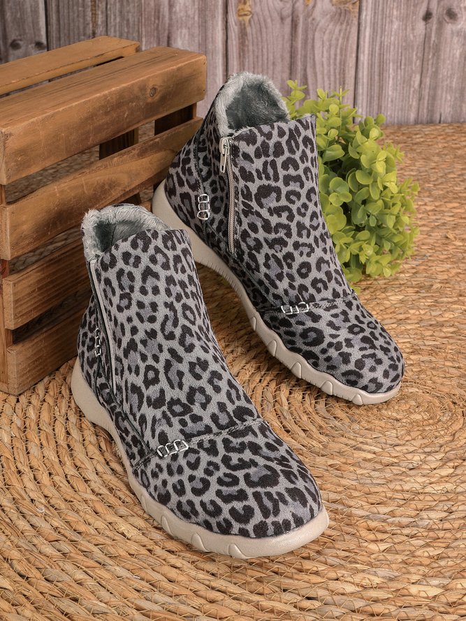 Faux Leather Panel Zip and Fleece Soft Ankle Ankle Boots