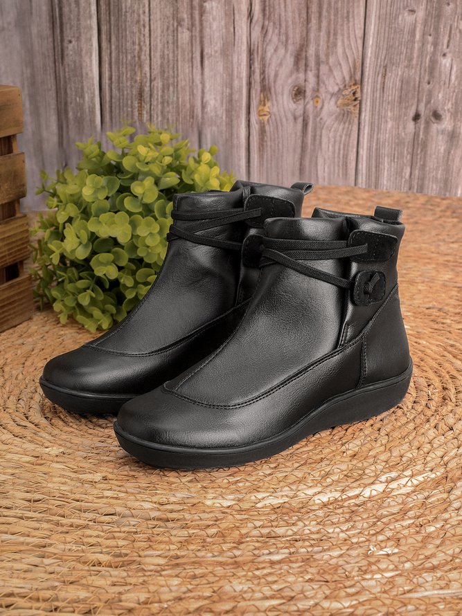 zolucky Vintage Women Casual Braided Strap Breathable Lether PU Flat Heel Classic Boots