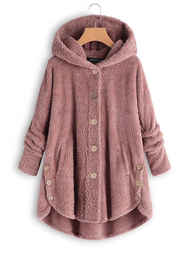 zolucky Cozy Fleece Hooded Sherpa Coat Symmetrical Button Teddy Bear Coats