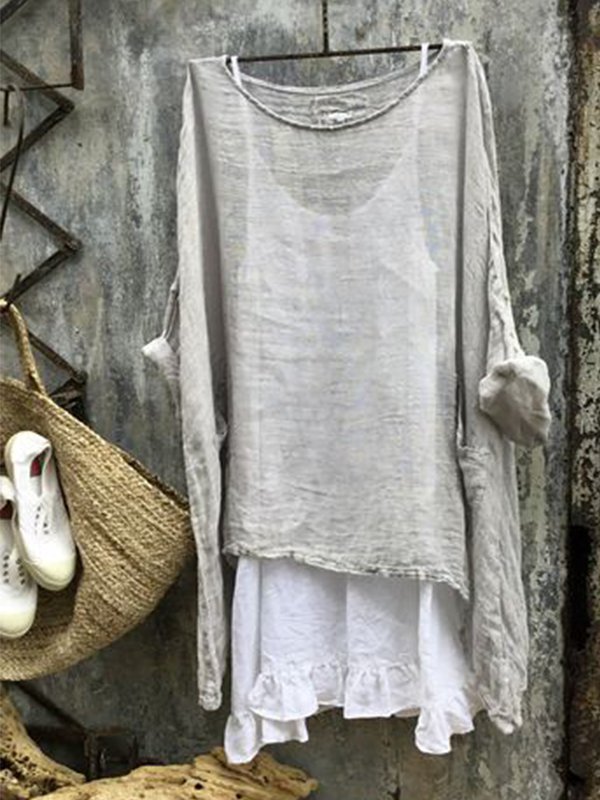 zolucky Women Thin Summer Linen 3/4 Sleeve Round Neck Top